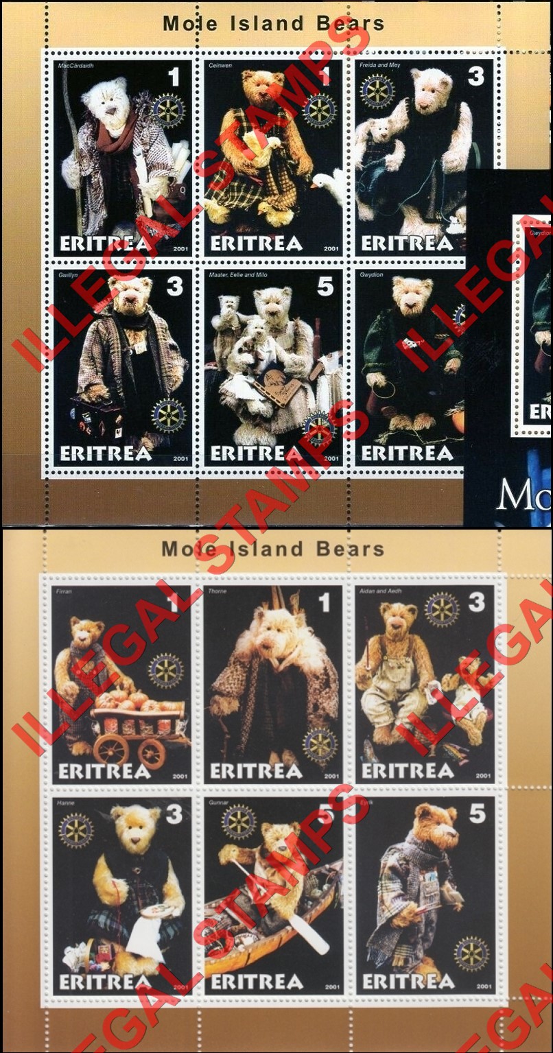 Eritrea 2001 Mole Island Teddy Bears Counterfeit Illegal Stamp Souvenir Sheets of 6 Eritrea 2001 Mole Island Teddy Bears Counterfeit Illegal Stamp Souvenir Sheets of 6